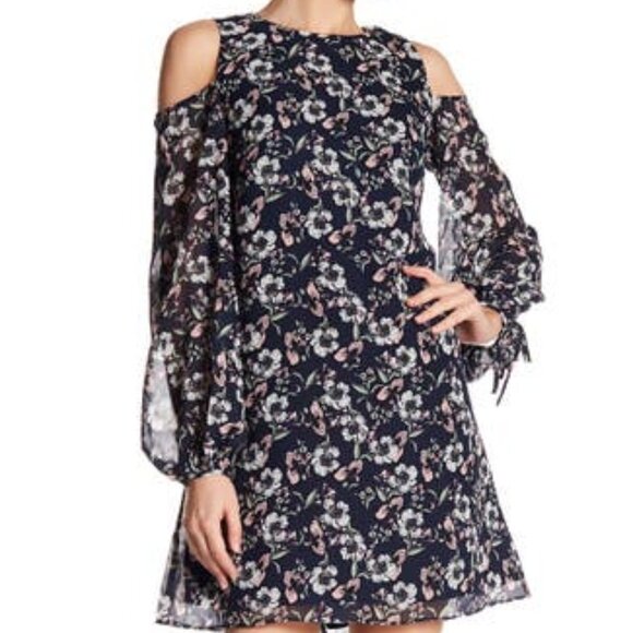 NEW Vince Camuto Women Navy Multi Floral Cold Shoulder Long Sleeve Dress - Picture 2 of 5